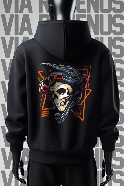 Vordevia Biker Skull Prednja i Zadnja Štampano 3 Niti Široka Crna K Sa kapulj...