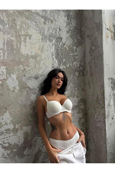 Cansoy Desenli Destekli Ekru Sütyen Takımı (Burgu Şekilli)