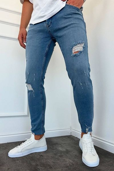 MADZEYMODA Ανδρικό μπλε τζιν με σκισίματα με λεπτή εφαρμογή - Τζιν παντελόνι Full Lycra New Season