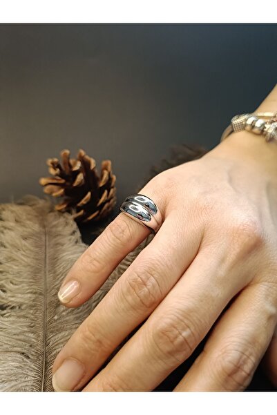 Luna Jewelry Kadın Gümüş  Renk Bombeli Ayarlanabilir 316 L Çelik Yüzük