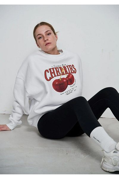 The Champ Clothing Λευκό φούτερ Oversize - Crew Neck, Fleece Cherries Printed