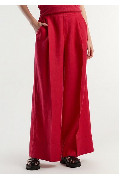 United Colors of Benetton Fuchsia Linen Women's Trousers - 100% Linen, Elastic Waist, Wide Cut