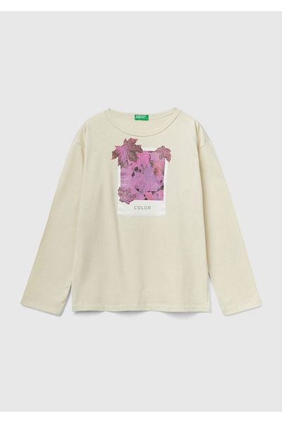 United Colors of Benetton Tricou cu imprimeu bej cu umeri pentru fete