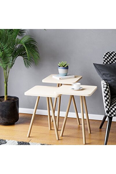 interGO Üçlü Zigon Sehpa Ahşap Ayaklı Kare Tasarım Krem