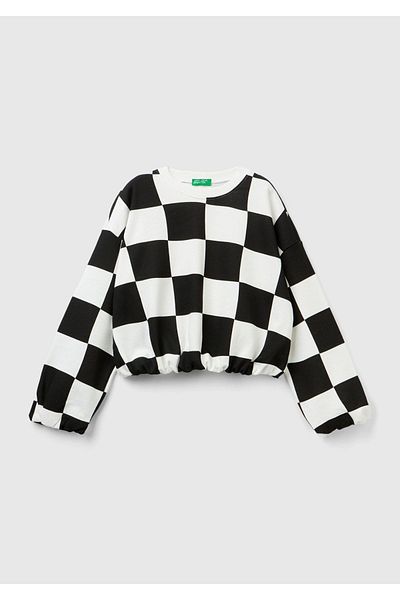 United Colors of Benetton Girl's Dark Gray Checkerboard Patterned Crop Sweatshirt Black White