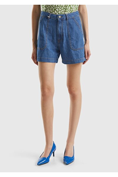 United Colors of Benetton Light Blue High Waist 5 Pocket Denim Shorts - 100% Cotton with Logo Detail on the Back