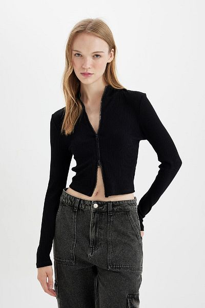 DeFacto Black Corded Crop Cardigan - Stand Collar, Plain Zipper D5124Ax24Au