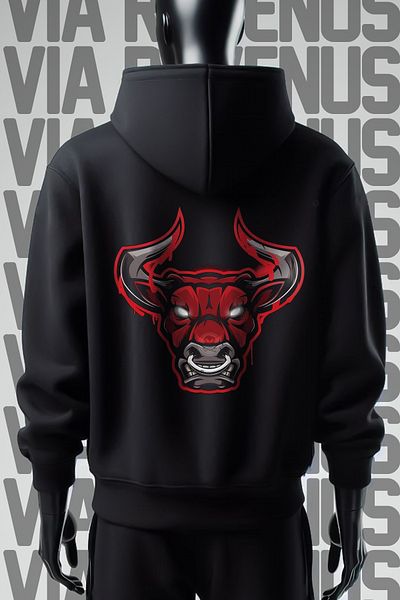 Vordevia Bulls 3 Thread Wide Fit Black Hooded Sweatshirt - Front and Back Printed