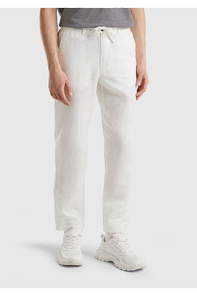 United Colors of Benetton Linen Men's Trousers - 100% Linen, Waist-tied, Cream Color