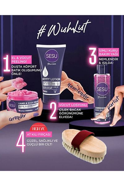 Sesu Premium 3-Piece Series - Glitter Peeling, Dry Care Oil and Body Lotion - Horsehair Brush