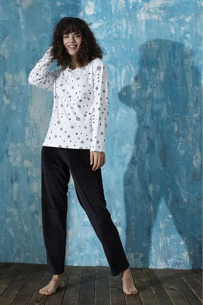 pijamakeyfi Women's Pajama Set Top Interlock Combed Cotton Bottom French Velvet