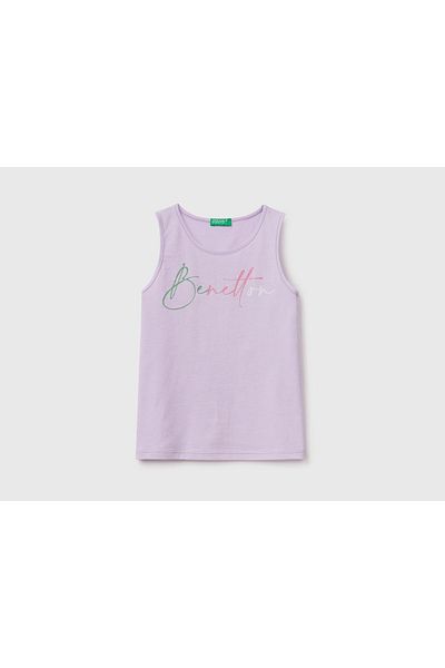 United Colors of Benetton Girl's Lilac Glittered Benetton Written Tank Top