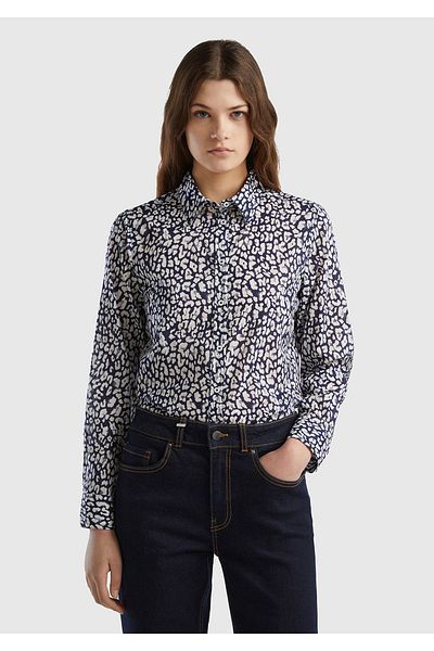 United Colors of Benetton Cămașă din bumbac 100% bumbac albastru bleumarin pentru femei