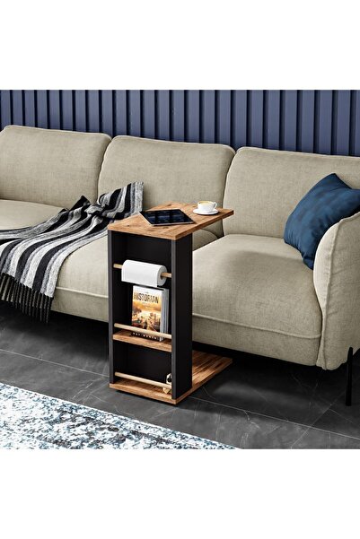 interGO Tekerlekli Yan Sehpa Rulo Havlu Takılabilir Koltuk Sehpası C Sehpa Zigon Sehpa - Atlantik Çam - Gri