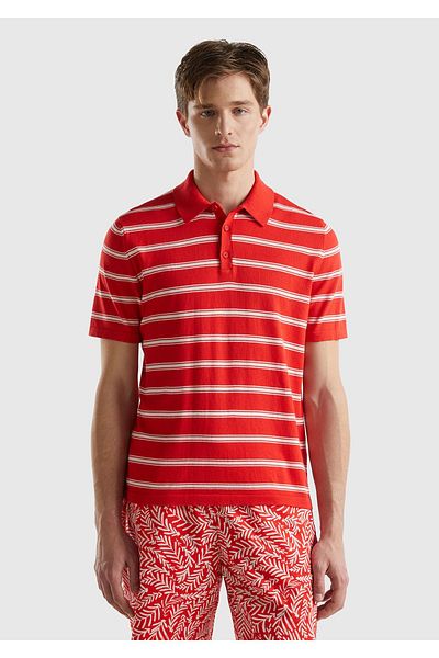 United Colors of Benetton Men's Red Striped Polo Collar Knitwear T-shirt - 100% Cotton, 3 Buttons