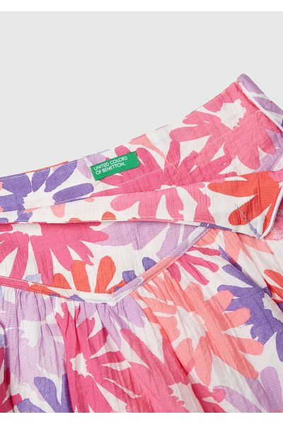 United Colors of Benetton تنورة بناتي مطبوعة بالزهور الوردية - تفاصيل حزام الخصر
