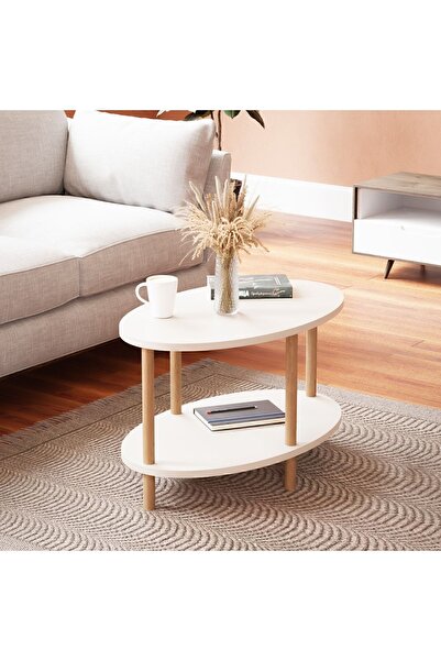 interGO Orta Sehpa Oval Ahşap Ayaklı Iki Katlı Gazetelikli - Beyaz