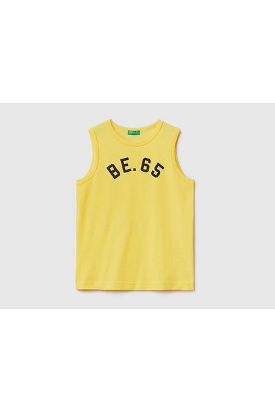 United Colors of Benetton Boy's Yellow Benetton Written Combed Cotton Tank Top