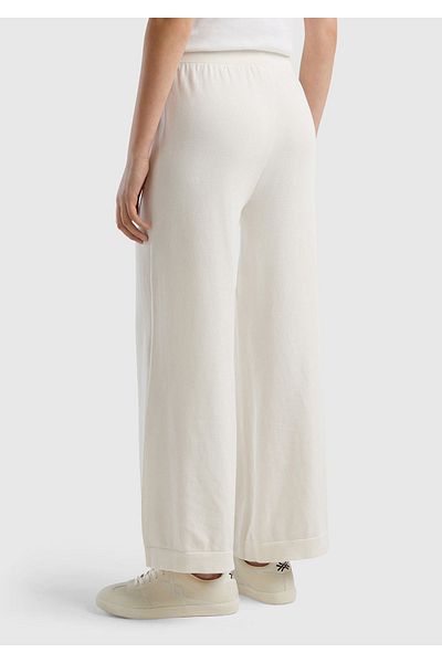 United Colors of Benetton Cream Colored Women's Knitwear Trousers - 100% Cotton, Wide Leg