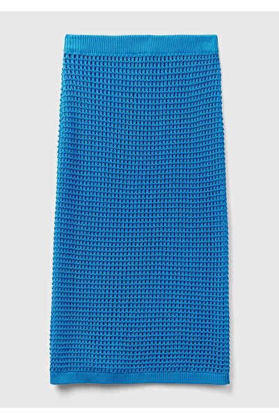 United Colors of Benetton Fusta de damă cu motiv tricotat albastru - 100% bumbac, guler până la gambe