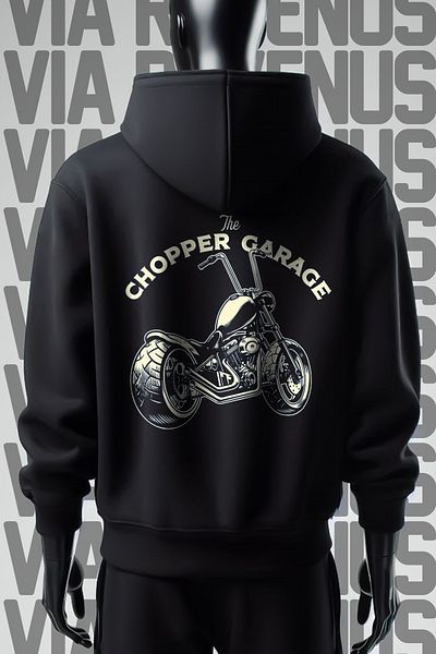 Vordevia Φούτερ Chopper Garage 3 Thread Wide Fit Μαύρη κουκούλα - Μπροστά και πίσω εμπριμέ
