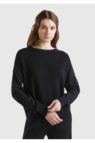 United Colors of Benetton Pulover negru pentru femei, 100% bumbac, cu detaliu în față, cu gât barca