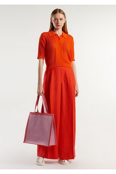 United Colors of Benetton Women's Red Wide Cut 100% Linen Elastic Waist Pants