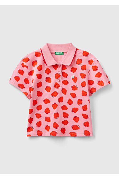 United Colors of Benetton Tricou cu gât polo cu imprimeu roșu-roz pentru fete...