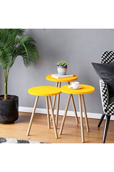 interGO Renkli Üçlü Zigon Sehpa Ahşap Ayaklı Yuvarlak Pastel Tasarım Sarı