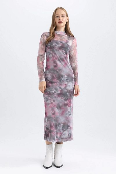 DeFacto Gemustertes Tüll-Maxi-Bodycon-Kleid – halber Rollkragen, lange Ärmel B2504ax23au