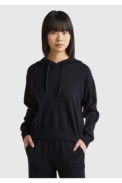 United Colors of Benetton Hanorac negru din tricotaj - 100% bumbac, cu glugă și șnur