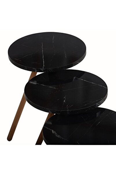 interGO Üçlü Zigon Sehpa Ahşap Ayaklı Yuvarlak Mermer Desenli Tasarım Bendir