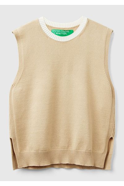 United Colors of Benetton Pulover fără mâneci pentru femei, bej, amestecat de vâscoase, cu fante pe laterale