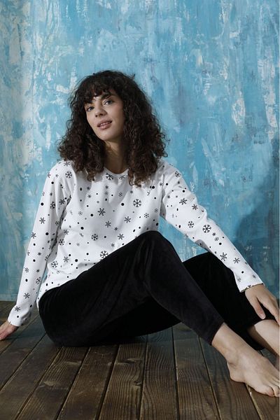 pijamakeyfi Women's Pajama Set Top Interlock Combed Cotton Bottom French Velvet