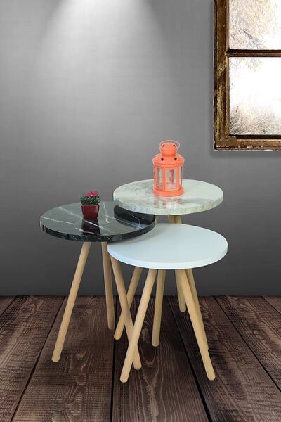 interGO Zigon Sehpa Ahşap Ayaklı Beyaz, Bendir Ve Efes