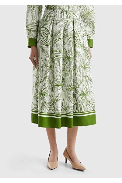 United Colors of Benetton Fusta lungă, verde, amestecată de bumbac, cu modele...