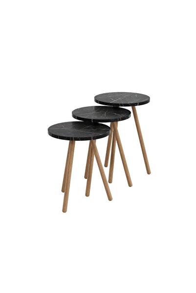 interGO Üçlü Zigon Sehpa Ahşap Ayaklı Yuvarlak Mermer Desenli Tasarım Bendir