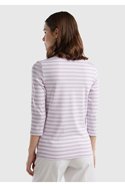 United Colors of Benetton Γυναικείο μπλουζάκι λιλά με ριγέ μανίκια τριών τετάρτων