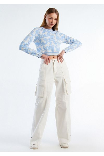 United Colors of Benetton Women's Cream 100% Cotton Loose Trousers with Logo Label on the Back and Patch Pocket