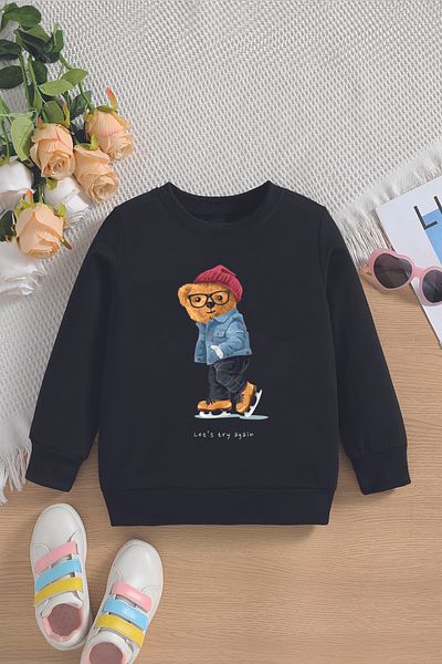 MYADA Детски суитшърт Tarz Premium Oversize - с щампа на плъзгащо се мече и качулка 14524