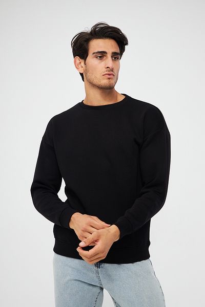Moda Işık Мъжки черен суитшърт - с кръгло деколте, права кройка