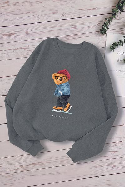 MYADA Детски суитшърт Tarz Premium Oversize - с щампа на плъзгащо се мече и качулка 14524