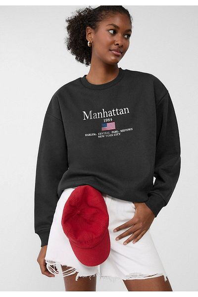 The Champ Clothing Черен суитшърт с кръгло деколте Manhattan 1984 Written Oversize