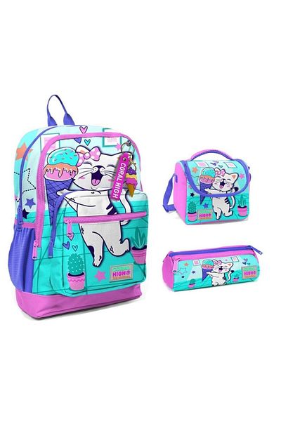 Yaygan Coral High 23751 - Set of 3 Including Primary School Backpack and Lunchbag, Pencil Case