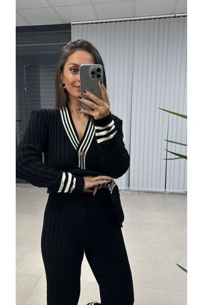 Lusin Black Women's Knitwear Set - Bottom and Top Set, Gold Button Detailed Cardigan and Trousers