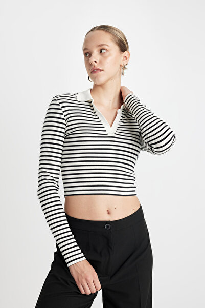 DeFacto Tričko Polo s dlouhým rukávem a žebrovaným košilkovým límečkem