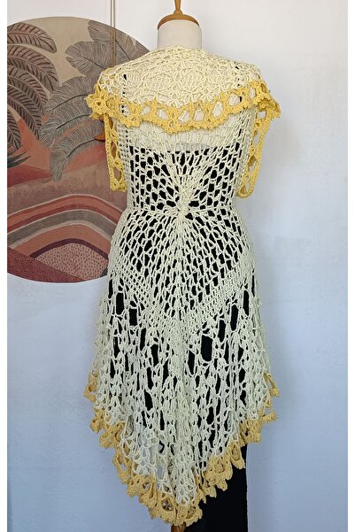 Hippybutik Sarı Koton Ip Tığ Dokuma El Örgüsü Dantel Asimetrik Şal Yaka Tasar...