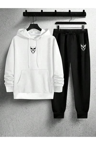 EFFRENATU Hila Fashion - Σετ φούτερ και παντελόνι με μαύρο μοτίβο Seagull με λευκή κουκούλα