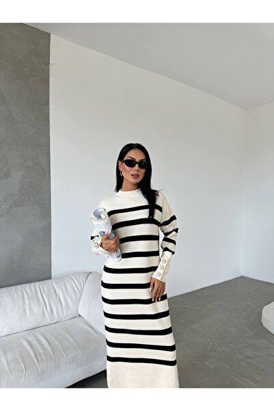 Lusin Λευκό ριγέ μακρύ φόρεμα - Γυναικείο, μακρυμάνικο, μανικετόκουμπα με λεπτομέρειες