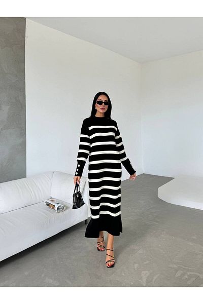 Lusin Rochie lungă cu dungi negre - Detaliu cu mâneci
